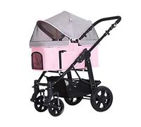 Poussette pour chien et chat pour chiens de petite et moyenne taille, 4 roues pliables et détachables pour chiot, landau léger, transport de voyage, réglage de la hauteur des accoudoirs (rose) (rose