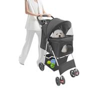 Poussette pour chien jusqu'à 15 kg - 62 x 44,5 x 101 cm - 4 roues - Pliable - Pour petits chiens et chiens moyens et chats - Avec panier de rangement - Tissu Oxford et acier au carbone - Noir