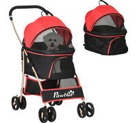 Poussette pour chien PawHut, 2 en 1 trolley pour chien, sac de transport, buggy pour chien pliable avec coussin, poussette pour chat pour petits chiens, chats, avec 4 roues, rouge