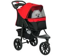 Poussette pour chien - PawHut - pliable 3 roues tout-terrain EVA 12"", frein, auvent ajustable - acier - 109,5x57,5x106,5cm - rouge