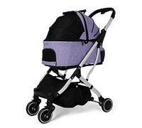 Poussette pour chien pour chiens de taille moyenne et petite, poussette pour chats et chiots, poussette pour chien pliable à quatre roues, berceau amovible, poussette double (noir) (violet)
