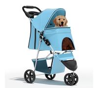 Poussette pour chien pour lunettes de taille moyenne 13,6 kg pour petits chiens et chats, poussette pour 2 chats, poussette pliable à 3 roues avec panier de rangement et porte-gobelet, bleu menthe