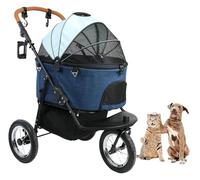 Poussette pour chiens de taille moyenne et petite, poussette 3 en 1, 3 roues avec chariot à chien amovible, panier de rangement et cadre pliable avec un bouton, bleu