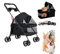 Poussette pour petits chiens et chats, poussette pliable avec 4 roues, chariot léger avec maille respirante et porte-gobelet, poussette portable pour chat jusqu'à 7,5 kg de charge (noir)