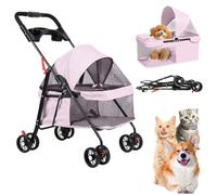 Poussette pour petits chiens et chats, poussette pliable avec 4 roues, chariot léger avec maille respirante et porte-gobelet, poussette portable pour chat jusqu'à 7,5 kg (rose)