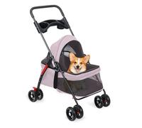 Poussette pour petits chiens et chats, sac de transport pliable avec roues avant rotatives à 360°, double boucle anti-libération, auvent réglable à 180°, maille confortable, porte-gobelet, rose
