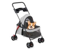 Poussette pour petits chiens et chats, sac de transport pliable avec roues avant rotatives à 360°, double boucle anti-déverrouillage, auvent réglable à 180°, maille confortable, porte-gobelet, gris