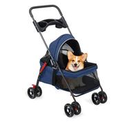 Poussette pour petits chiens et chats, sac de transport pliable avec roues avant rotatives à 360°, double boucle anti-libération, auvent réglable à 180°, maille confortable, porte-gobelet, bleu