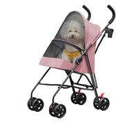 Poussette pour Petits Chiens Pliable, Roues Pivotantes avec Frein en EVA et Laisse de sécurité, Pet Stroller avec Fenêtre en Filet, Porte-gobelet (Rose, 45x55x97 cm)
