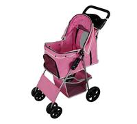 Poussette Rose pour Chien Chat Animaux de Compagnie Jusqu'à 15KG Pliable - Acier Robuste -Compacte - Panier & Porte-Gobelet - Roues Tout-Terrain [Mousqueton de Sécurité & Housse de Pluie INCLUS]