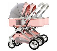 Poussette tandem avec parapluie double, poussette pliable for bébé, poussette double amovible avec auvent réglable(Color:Roze)