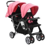 Poussette tandem en acier rose noir 2 capote pour 2 personnes | Cadre en acier robuste, 2 capotes de protection UV, grand panier, roues verrouillables, charge jusqu'à 15 kg par enfant