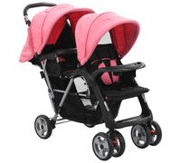 Poussette Tandem Rose et Noir Acier Bébé Enfant Voyage Landau vidaXL