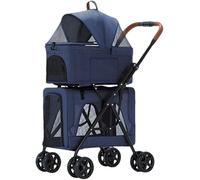 Poussettes pliables pour chien et chat pour 2 chiens/chats - Poussette double amovible pour animal domestique - Transporteur de voyage respirant - Double couche - Chariot pour chat (vert) (bleu)