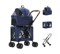 Poussettes pour animaux de compagnie de qualité supérieure pour chiens et chats, porte-animal double couche avec roues séparables, landau pour chien et chat, poussette, chariot de voyage (bleu) (Ble