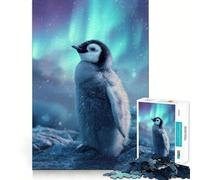 Poussin de Pingouin sous Les aurores boréales Puzzle de 1000 pièces pour Adultes Jeu de réflexion et de Concentration Jeu Silencieux et Amusant Bords serrés Cadeau de Noël (50x75cm)