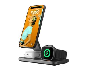 POUT Hands 7 PRO Support de charge sans fil pliable 3 en 1 Qi2 15 W, angles réglables, compatible avec MagSafe, pour iPhone 17-12 Series, AirPods Pro/4/3, Apple Watch Ultra/SE/Series - Noir graphite