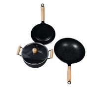 Poux de friture en 3 pièces Ensemble de cuisine en fer antiadhésive avec poignée en bois Pan de relâche durable Stockpot pour cuisine Cuisine Campe Campe Four