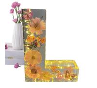 Povanjer Veilleuse florale en résine, lampe de table créative, lampe de nuit, décoration pour chambre à coucher, salon, lettres en résine à fleurs pressées avec lumière LED, veilleuse initiale