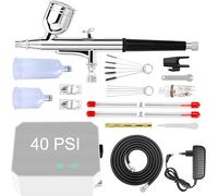 Powate 40 PSI Aerograph, Multi-Function Dual-Action Airbrush Set Compressor avec 0.2/0.3/0.5 mm Buses pour Nail Art, L'artisanat, la Décoration de Gâteaux, Argent