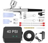 Powate 40 PSI Kit Aérographe Complet Professionnel avec Compresseur Aérographe - 0.2/0.3/0.5 mm Buses pour Nail Art, L'artisanat, la Décoration de Gâteaux, la Conception D'ongles,Noir