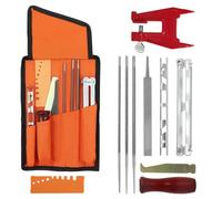 Poweka Kit d'affûtage pour tronçonneuse et autres lames - Comprend des limes, une poignée en bois, un guide de limage, une pochette à outils et un étau pour souche de tronçonneuse