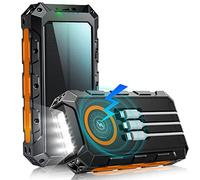 Power Bank Solaire 52800mAh, Batterie Externe avec Charge Rapide 30W PD, 3 Câbles Intégrés, 5 Sorties, 2 Entrées, Charge sans Fil, Chargeur Solaire Portable pour Smartphones, Randonnée (Orange)