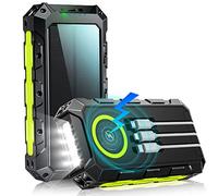 Power Bank Solaire 52800mAh, Batterie Externe avec Charge Rapide 30W PD, 3 Câbles Intégrés, 5 Sorties, 2 Entrées, Charge sans Fil, Chargeur Solaire Portable pour Smartphones, Randonnée (Vert)