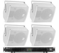 Pack de 4 Enceintes Blanches avec Amplificateur 100V/8 Ohms et Bobine de Câble - 600 Watts RMS