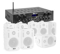 Power Dynamics Pack Sonorisation 4 Zones 400 Watts Bluetooth avec 8 Enceintes Blanches, Lecteur MP3 USB/SD, Radio FM, Entrées Micro, Télécommande - Kit Complet pour Multi-Pièces, Restauration