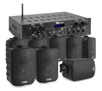 Power Dynamics Pack Sonorisation 4 Zones 400 Watts Bluetooth avec 8 Enceintes Noires, Lecteur MP3 USB/SD, Radio FM, Entrées Micro, Télécommande - Kit Complet pour Multi-Pièces, Restauration