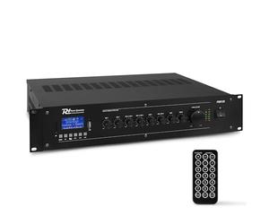 Power Dynamics PRM120 Amplificateur Mixeur 120W 100V - 6 Canaux, Bluetooth, Lecteur MP3 USB/SD, Entrées Micro XLR avec Alimentation Fantôme, Télécommande Incluse, Montage Rack 2U