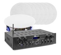 Power Dynamics PV240BT Système Audio Stéréo 4 Zones avec Bluetooth, Amplificateur 400W, 8 Haut-Parleurs Plafond 5,25", Radio FM, Lecteur MP3 USB/SD, Télécommande - Maison, Bureau, Restaurant