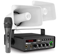 Power Dynamics Système de Sonorisation 12V 30W avec Microphone, Kit Haut-Parleurs Véhicule pour Glacier, Food Truck, Vente Ambulante