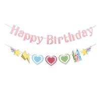 Power Girls Bannière Joyeux Anniversaire, Rose Décorations de Fête d'Anniversaire Pré-Enfilée Dessin Animé Coeur Guirlande Joyeux Anniversaire pour Fournitures de Fête d'Anniversaire pour Filles