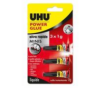 UHU Power glue minis liquide - Colle instantanée ultra rapide et forte, sans solvants, transparente, tubes 3x1g