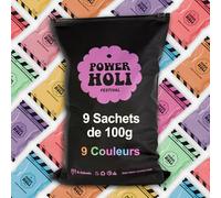 POWER HOLI FESTIVAL-Poudre de Couleurs Holi Party | 9 Sachets Ouverture Facile de 100g | 9 Couleurs | Spécial Fêtes et Festivals | Photographie | Non Toxique | Sans Gluten | Fabriqué à Barcelone