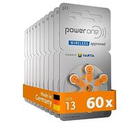 Power one Piles auditives Typ 13 Orange, Lot de 60, 1,45 V | wireless approved pour aides auditives Bluetooth, Taille p13, technologie zinc-air, sans mercure, Drehspender