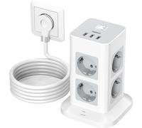 Power Strip Tower With 8 Ac Outputs And 3 Usb, Power Strip With Flat Socket And Switch, 3600 W Surge Arrester And Surge Power Socket With 2 M Cable For Office And Home, Grey