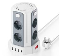 Power Strip Tower With Switch, Surge Arrester And Surge Power Strip With 8 Ac Outputs And 4 Usb Ports (Max 5V/3.4A) Multiple Socket Extension 2 M Suitable For Home, Office, White