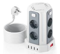 Power Strip Tower with Switch, Surge Arrester and Surge Power Strip with 8 AC Outputs and 4 USB Ports (Max 5V/3.4A) Multiple Socket Extension Cable 5 m Suitable for Home, Office, White