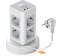 Power Strip Tower With Telescopic Cable 8 Ac Output And 3 Usb Ports, 2500W Multiple Socket With Switch And 2M Electric Extension Cord, Usb Charger For Office And Home, Grey