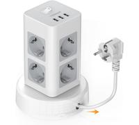 Power Strip Tower With Telescopic Cable, Power Block With 8 Ac Outputs And 3 Usb Ports, 2500 W Multiple Socket With Switch And 2 M Electric Extension Cord, For Office And Home, Grey