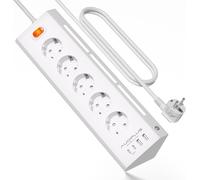 Power Strip with 5 Power Outlets and 4 USB Ports (2 USB A+2 USB C), Surge Protection Power Strip and Switches, 2 m Cable, 3680 W/16 A, White