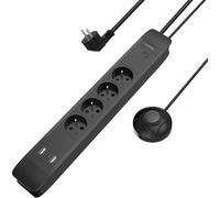 Power Strip With Foot Switch, 4 Sockets, Usb-A/C 20W, Wall Power Strip Cable 1.5 M, Black