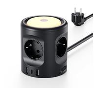 Power Strip with Switch, Tower Power Strip 4 Sockets and 3 USB Ports, Multi-Socket Surge Arrester and Surge with LED Night Light, 16 A Extension Cord, 2 m Cable for Home and Office