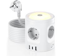 Power Strip with Switch, Tower Power Strip 4 Sockets and 3 USB Ports, Multi-Socket Surge Arrester and Surge with LED Night Light, 16 A 3 m Extension Cable for Home and Office