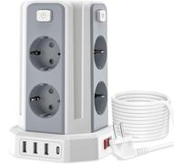 Power Strip with Switch, Tower Power Strip with 8 Sockets and 4 USB, USB Power Strip Surge Arrester and 4 Switches Extension 2 m Cable for Home and Office