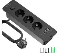 Power Strip With Usb, 3 Compartments Power Strip With 2Usb And 2 Type-C, 7N 1 Socket Adapter With 2M Extension Cable 250V/16A, Wall Plate Socket For Office, Home Black