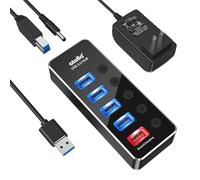 Powered USB Hub, atolla Aluminum 5-Port USB 3.0 Hub with 4 USB 3.0 Data Ports and 1 USB Smart Charging Port, USB Splitter with 5V/3A Power Adapter and Individual Switches